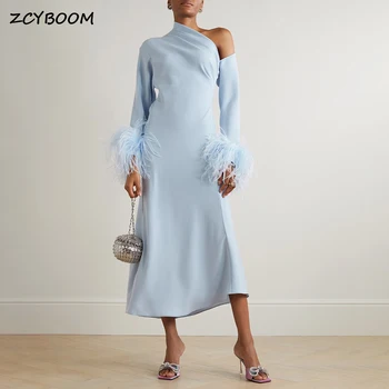 Светло сини дълги ръкави едно рамо вечерни рокли с пера 2023 чай дължина страна цепка официално парти абитуриентски рокли за жени