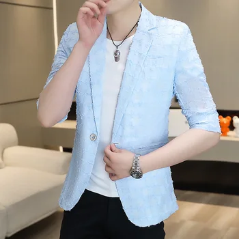 Светло сини летни блейзъри мъжки тънък годни половин ръкави 2023 лято стилно облекло бял корейски стил модни ежедневни якета