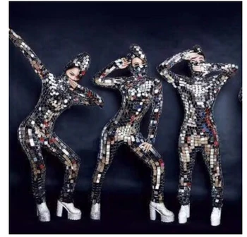 секси жени Змийска форма Огледало DJ костюми Мода секси сребро Хип-хоп танцови костюми Сценични костюми за популярни певци Боди