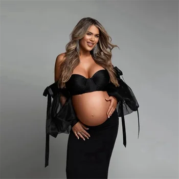 Секси черен тюл бременни жени върховете за фотография чар скъпа бутер ръкави майчинство мини окото женска блуза