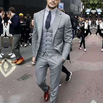 Сив бизнес костюм за мъже Тънък комплект 3 броя двуреден сватбен костюм Homme Terno Masculino (Blazer + Vest + Pants)