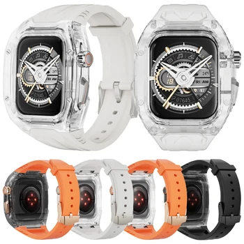 силикон за Apple Watch Band + прозрачен калъф 44mm 45mm здрава каишка за iWatch Series 9 8 7 6 5 4 Протектор случай Каишки за часовници