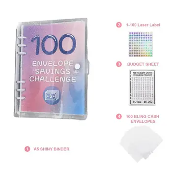 Система за бюджетиране на пликове 100-дневен комплект за предизвикателство на пликове Fun Easy Money Saving Binder за 2023 г. Glitter Buckle Fixing Planner