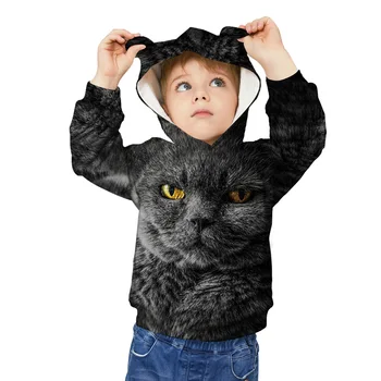 Сладка черна котка 3d отпечатани Качулки Детско палто момче за момиче Пуловер карикатура Суитчър Анцуг смешно ухо Деца с качулка