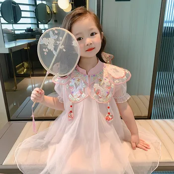 Сладки деца момиче лятна рокля кръг врата бутер ръкав лък апликация тюл вестидос модерен китайски стил детски рокли