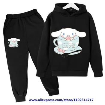 Сладък Sanrio есенен детски спортен костюм Kawaii Cinnamoroll пуловер аниме Kuromi My Melody деца сива врана Sweatpants комплект момиче подарък