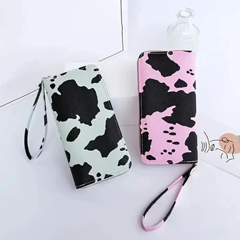 сладък крава модел кожен портфейл дамски цип чанта притежателя на карта чанта дълъг маншет съединител портфейл чанта голям капацитет