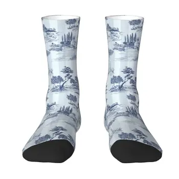 Сладък печат Toile De Jouy раирани меки сини чорапи за жени мъже участък лято есен зима реколта парижки екипаж чорапи