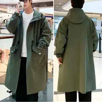 средна дължина мъжки палто Streetwear мъжки тренчкот с качулка големи джобове ветроупорен дизайн средата дължина плътен цвят цип за мъже