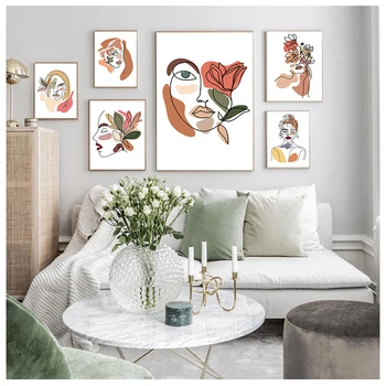 Стенно изкуство платно живопис цвете момиче абстрактно лице скандинавски плакати и отпечатъци стена снимки за хол салон дома декор