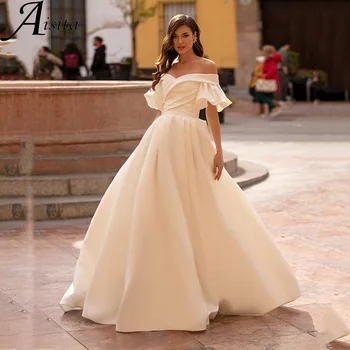Съблазнителна скъпа бутер сватбена рокля с къс ръкав A-Line плисета булчински рокля дантела нагоре назад прости бутони Vestidos De Novia