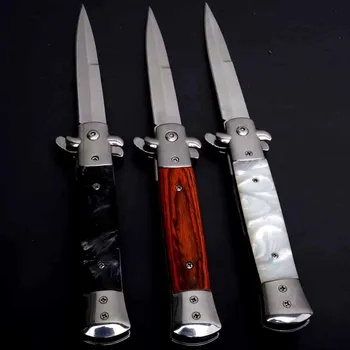 Тактически Дамаск Военен сгъваем нож Нож с висока твърдост Дървена дръжка 440C стомана открит нож за оцеляване EDC инструменти