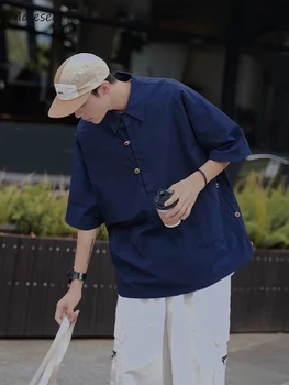 Твърди ризи Прости джобове за всички мачове Японски стил Торбеста дишаща мода Ежедневно удобно улично облекло Шикозно мъжко облекло