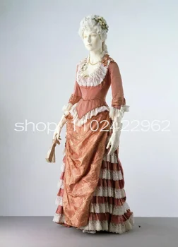 Тиква розово История Викторианска вечер Официални рокли Дълъг ръкав дантела петно Ruched плисирана разходка ден рокля абитуриентски костюм