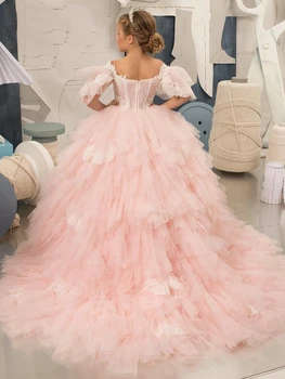 Топка рокля цвете момиче рокля розов пухкав пластове балон ръкав апликация сватба малко цвете деца Светото причастие Абитуриентска рокляA