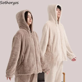 Топло руно пижама комплекти жени твърди есен зима спално облекло Начало цип дебел Draw низ двойка мек комфорт мода Pjs