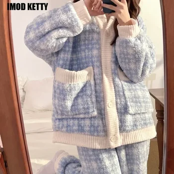 Топло сгъстяване кадифе женски домашно облекло сладък сладък сладка жилетка дамски пижами нежен вятър зима фланела пижама комплект руно спално облекло