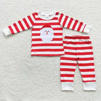 Търговия на едро бебе момче бродерия комплект нощно облекло спално облекло дете дете пижама деца Коледа Дядо Коледа риза червена ивица панталони облекло