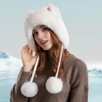 Уютна зимна шапка уютна котка ухо плетена шапка топла плюшена помпони за жени стилен есен/зима шапка шапка с удебелено ухо