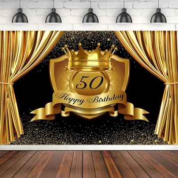 Фотография Фон 50-ти рожден ден парти декорация Royal Crown Photocall плакат Златна завеса фон Фото студио банер