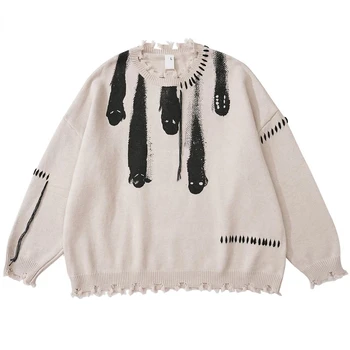 Хип-хоп плетени пуловери High Street Y2K изтръгнат призрак печат готически джъмпери есенен пънк гръндж извънгабаритни пуловер Harajuku пуловер