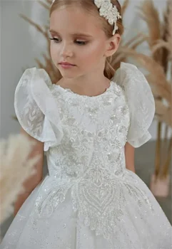 Цвете момиче рокля бял пухкав петно дантела блясък вафла сватба елегантен цвете дете първата евхаристийна абитуриентски парти рокля