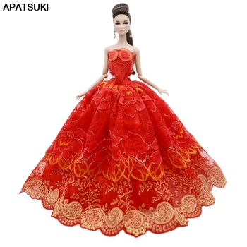 червена дантела сватбена рокля за кукла Барби принцеса без ръкави благородна парти рокля модни дрехи облекло за 1/6 BJD кукли аксесоари