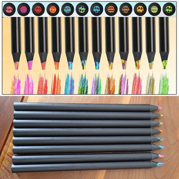 Черен дървен комплект цветни моливи с 12 парчета трайна дълготрайна четка за рисуване за оцветяване