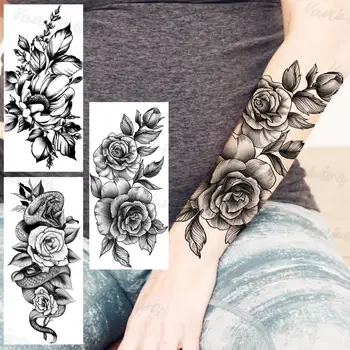 Черна роза цвете временни татуировки за жени възрастни реалистични змия далия флора фалшив татуировка стикер предмишница тяло Tatoos 3D