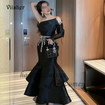 Черна русалка вечерни рокли за жени един ръкав сатен бала рокля етаж дължина арабски Дубай официални парти рокли