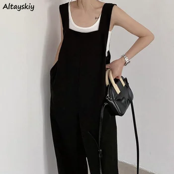 Черни гащеризони жени лято тънки торбести пълна дължина улично облекло корейски стил шик темперамент реколта случайни дами минималистичен