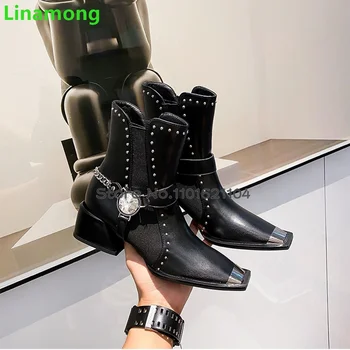 Черни квадратни пръсти кристални ботуши за жени 2023 Нови буци петата глезена високо елегантен приплъзване мода All-мач зимни обувки
