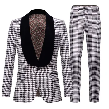 черно бяло Houndstooth мъже костюм един бутон жакард банкет мода мъжки нетактичност панталони 2 парчета комплект шик абитуриентски певец костюми