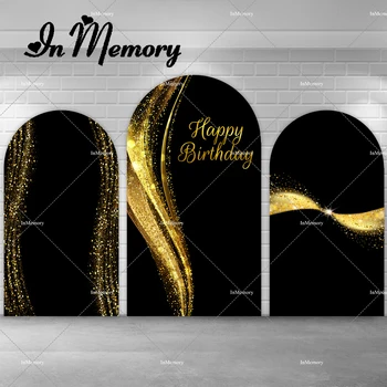Черно и златно блясък Bokeh арка фон покритие за възрастен мъж жена Честит рожден ден парти Киара стена фотография фон