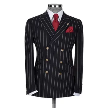 Черно райе Най-новият дизайн 6 бутони Мъжки костюми Двойна гърда Slim Fit Jacket Blazer Pants/Business Formal Costume Homme Sets