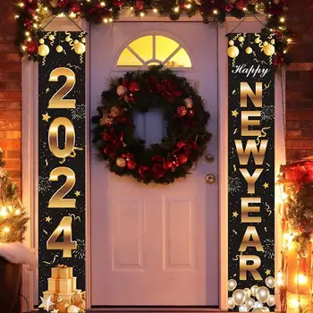 Честита Нова Година Банер на входната врата 2024 Висящи входни врати Банери Декорации Парти знак орнамент за празнична тема декор
