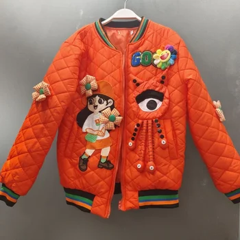 шик жени оранжеви 3D цветя момичета апликации ватирани памучно палто зима есен топло памук подплатени ципове яке парка Caridgan