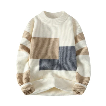 Япония стил контрастиращ пуловер мъже есен зима модерен хлабав O-образно деколте трикотажен пуловер мъжки дрехи дебели топли всички мач джъмпер